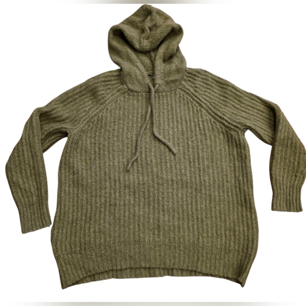 Aerie Oversized Open Road Loose Knit Wool Blend Hooded Olive Green Sweater XS